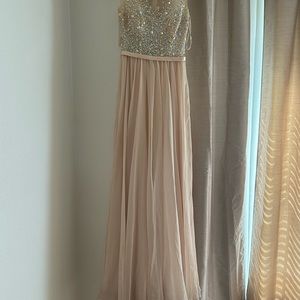 dress for promparty in champagne color. top with chiffon, sequins & crystals